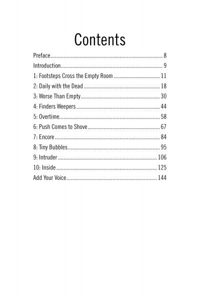 The table of contents in Skeleton Keys (Schiffer Publishing, Ltd.) lists chapters from Preface (p. 8) to Add Your Voice (p. 144), exploring the empty room, ghost stories, encore, and workplace hauntings.