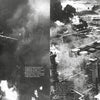 A B-24 Liberator soars above a burning industrial site, showcasing WWII’s impact as seen in historic photos from "Consolidated B-24 Vol.1" by Schiffer Publishing, Ltd.