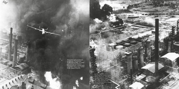A B-24 Liberator soars above a burning industrial site, showcasing WWII’s impact as seen in historic photos from "Consolidated B-24 Vol.1" by Schiffer Publishing, Ltd.