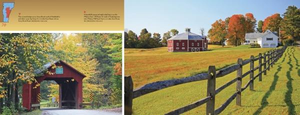 Vermont" by Schiffer Publishing, Ltd. features a red covered bridge amid green trees and, opposite, a wooden-fenced pasture leading to a red barn and white farmhouse, all set against vibrant Vermont fall foliage beneath a blue sky.