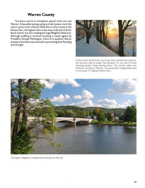 A page from "Small Town Pennsylvania" by Schiffer Publishing, Ltd. features photos of a winter sunset over snowy trees, a river with a bridge and town under a blue sky, plus text highlighting the area's scenery and history.