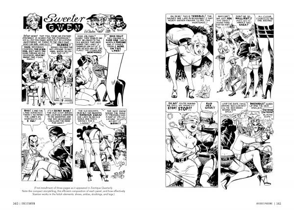 Four black-and-white comic pages in classic mid-20th century style depict women in vintage outfits and fetish scenes, echoing Eric Stanton’s dramatic art. Featured in "Eric Stanton & the History of the Bizarre Underground" by Schiffer Publishing, Ltd.