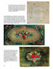 A page from "Rug Hooking In Maine" by Schiffer Publishing, Ltd. shows three images: a circular floral rug sketch, an oval Maine-inspired hooked rug, and a rectangular red and white flower rug, each with accompanying text.