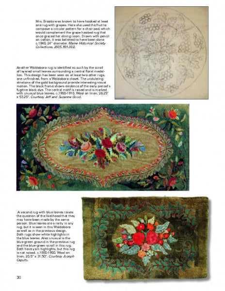 A page from "Rug Hooking In Maine" by Schiffer Publishing, Ltd. shows three images: a circular floral rug sketch, an oval Maine-inspired hooked rug, and a rectangular red and white flower rug, each with accompanying text.