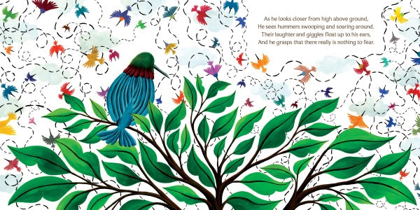 A blue and green bird sits on a leafy branch while colorful birds swirl in the sky, their flight paths traced with black dotted lines. SOAR by Schiffer Publishing, Ltd. is a joyful illustrated picture book about overcoming fear and taking flight.
