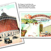 Greetings from Niagara Falls" by Schiffer Publishing, Ltd. offers two vintage postcards—one showcases The Niagara hotel with classic cars, the other highlights Hotel Converse near Bridal Falls with vivid illustrations and palm trees.