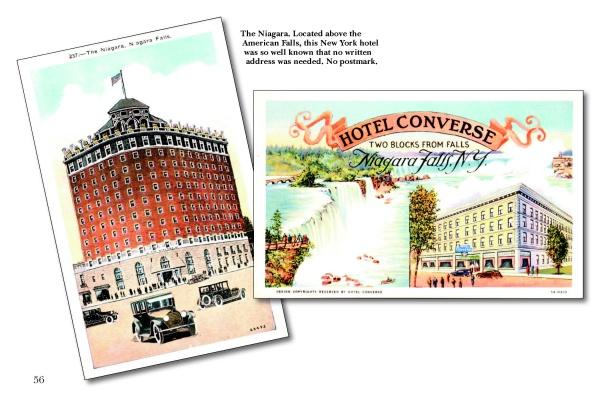 Greetings from Niagara Falls" by Schiffer Publishing, Ltd. offers two vintage postcards—one showcases The Niagara hotel with classic cars, the other highlights Hotel Converse near Bridal Falls with vivid illustrations and palm trees.