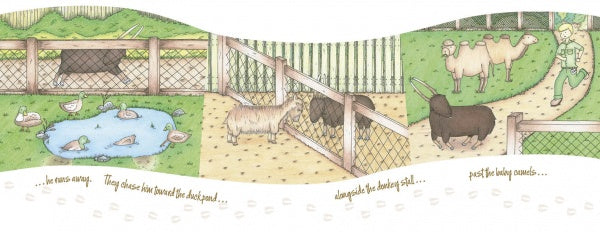 Illustration of three scenes—ducks in a pond, goats by a fence, camels with a zookeeper—separated by wavy lines and bordered by green grass. Perfect for "Dexter the Very Good Goat" by Schiffer Publishing, Ltd.