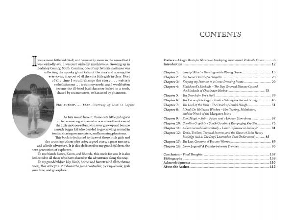 A two-page spread from "Lost in Legend" by Schiffer Publishing, Ltd.: the left shows a black-and-white photo of a young girl outdoors with text about her childhood and South Carolina ghost stories; the right page displays the table of contents.