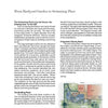 A magazine page from Schiffer Publishing, Ltd.’s “Swimming Ponds” features two columns on building a swimming pond and a color illustration of a garden with a natural swimming pool, patio, house, and labeled features in the bottom right corner.