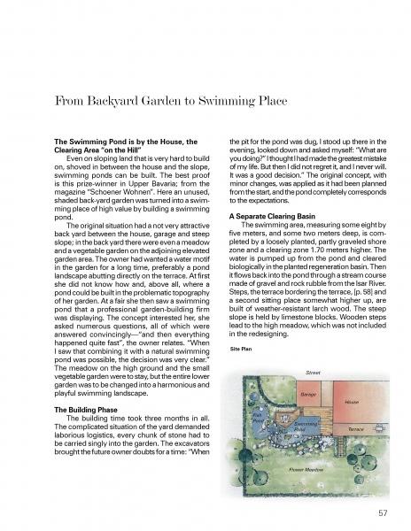 A magazine page from Schiffer Publishing, Ltd.’s “Swimming Ponds” features two columns on building a swimming pond and a color illustration of a garden with a natural swimming pool, patio, house, and labeled features in the bottom right corner.