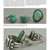 Four Southwestern Indian Rings by Schiffer Publishing, Ltd. display large turquoise stones and intricate silverwork on a beige background, highlighting the artistry of traditional American Indian jewelry.