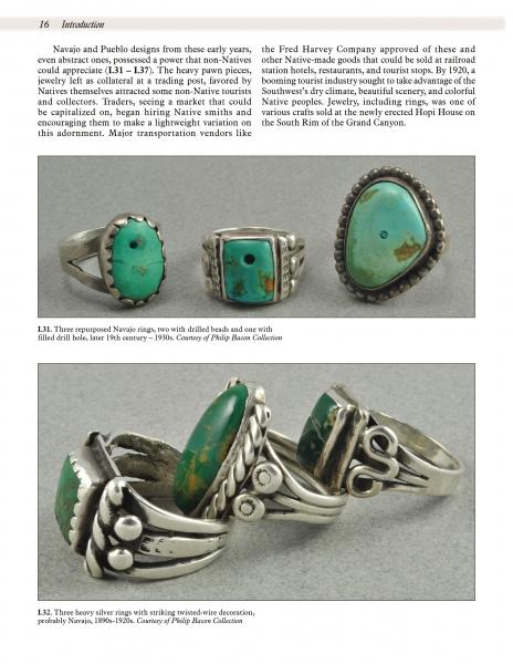 Four Southwestern Indian Rings by Schiffer Publishing, Ltd. display large turquoise stones and intricate silverwork on a beige background, highlighting the artistry of traditional American Indian jewelry.