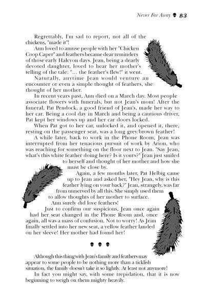 A page from "Supernatural Pittsburgh and Its Suburbs" (Schiffer Publishing, Ltd.) tells of Jean, feathers, chickens, and haunted Pittsburgh, bordered by three illustrated black-and-white feathers on the right and lower left.