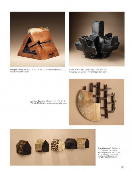 A page from "Contemporary Art of the Southwest" by Schiffer Publishing, Ltd. shows five modern wood and textile sculptures—triangles, geometric, and house-like forms—reflecting Arizona and New Mexico art with artist and material details.