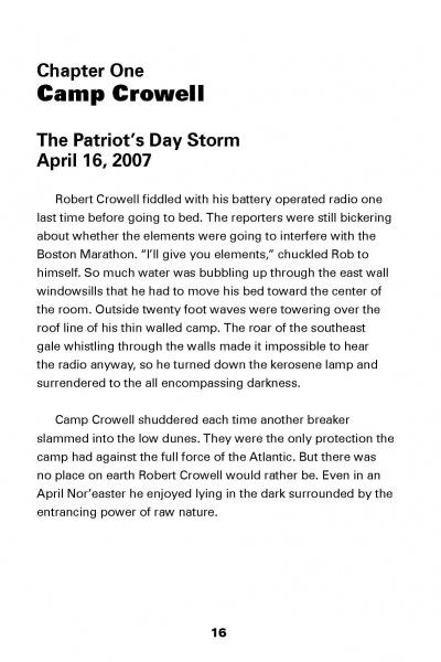 A book page from "Sea Level Rising" by Schiffer Publishing, Ltd. is titled Chapter One: Camp Crowell, subtitled The Patriot’s Day Storm, April 16, 2007. It details Robert Crowell enduring a stormy night, reflecting climate risks to coastal communities.