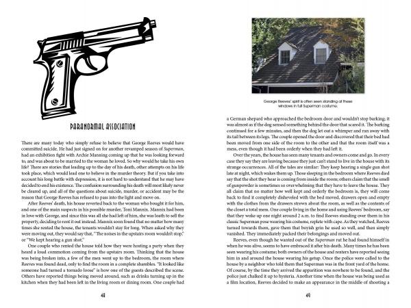 A spread from "Hollywood Obscura" by Schiffer Publishing, Ltd. shows a handgun illustration above PARANORMAL ASSOCIATION on the left, and a house's roof and windows with caption and main text on the right.
