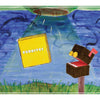 A brown puppet gazes at a yellow Super Burrito box beamed down by a green UFO in a vibrant outdoor scene—an ideal cover for "The Evil Mailbox and the Super Burrito" by Schiffer Publishing, Ltd., perfect for middle grade readers.