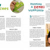 A magazine spread from Schiffer Publishing, Ltd.'s "The Zenki Way" shows photos of hands stitching a green felt frog and a child sewing white fabric, plus hand-sewn softie tips and colorful headers like About Stitches and Running a Zenki Workshop.