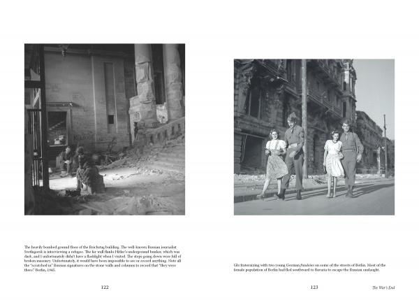 Two black-and-white photos from "An Artist at War" by Schiffer Publishing, Ltd.: Left, children play in rubble. Right, four people, including a soldier, walk past Berlin ruins—evocative scenes reminiscent of World War II art.