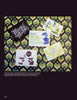 Five thank you cards from "Today's Top Stationery Artists 2" by Schiffer Publishing, Ltd. are displayed on a geometric background with green, yellow, and brown shapes. Each card features unique designs from talented artists.
