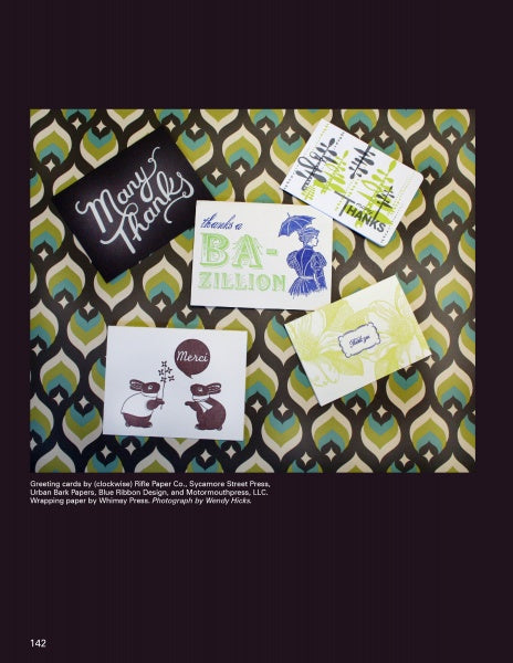 Five thank you cards from "Today's Top Stationery Artists 2" by Schiffer Publishing, Ltd. are displayed on a geometric background with green, yellow, and brown shapes. Each card features unique designs from talented artists.