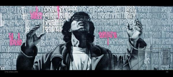 Miami Graffiti Art from Schiffer Publishing, Ltd. features a mural of a person with glasses and curly hair, head back and arms raised, set against expressive abstract symbols and pink text for a dramatic effect.