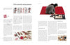 A two-page spread from "An Introduction to Japanese Calligraphy" by Schiffer Publishing, Ltd. features text on calligraphy, photos of seals, ink, tools, and a woman kneeling on a red mat practicing kanji brush techniques.