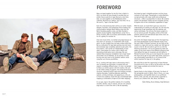Three men in casual, warm clothes relax on a sloped rooftop, discussing Tape Art by Schiffer Publishing, Ltd. The background is clear and text appears on the right.