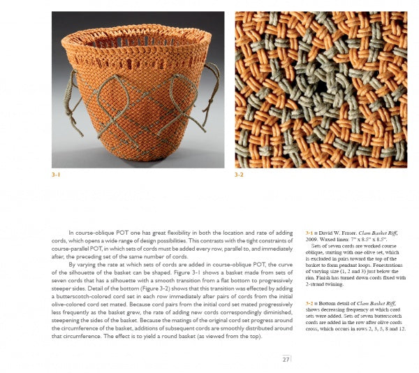 A Ply-Split Braided Basket by Schiffer Publishing, Ltd. is shown in side and close-up views, highlighting its flared shape, looped handles, and detailed cord craftsmanship in orange and green patterns.