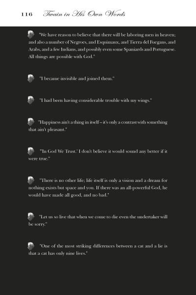 Page 116 from "Mark Twain" by Schiffer Publishing, Ltd. showcases quotes by Twain, each with his head icon. White text on black background captures the wit of America's master humorist.