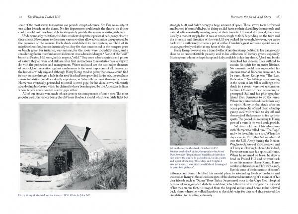 Two pages from "The Watch at Peaked Hill" by Schiffer Publishing, Ltd.: one page shows a Cape Cod dune shack with dunes, the other depicts a figure walking a sandy, tree-lined path—both evoke Provincetown memoir themes with black-and-white photos.