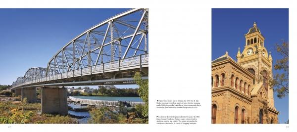 A steel truss bridge spans a river on the left, while a historic clock tower building—symbols of Texas Hill Country’s legacy—stands beneath a blue sky on the right in Schiffer Publishing, Ltd.’s Texas Hill Country.