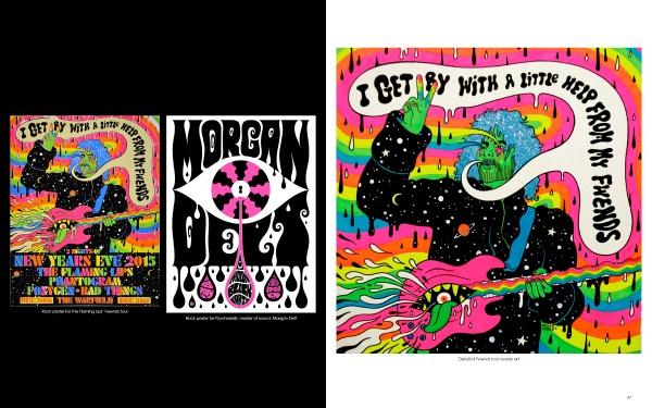 A psychedelic, colorful illustration in the style of Oliver Hibert showcases a green alien with a pink guitar and swirling backdrops. Text reads “Eye See You” by Schiffer Publishing, Ltd., and “I get by with a little help from my friends.”.