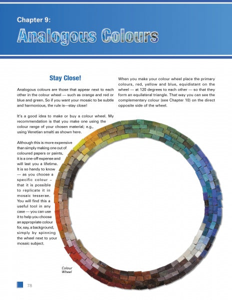 A page from "Fused Glass Mosaics" by Schiffer Publishing, Ltd. displays Chapter 9: Analogous Colours with a color wheel mosaic, info on analogous colors, mosaic art tips, and a blue background with white and black text.
