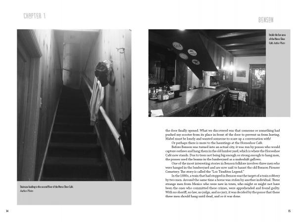 A black-and-white photo on the left shows a narrow staircase in the Bee Hive Stone Cafe, believed by some to be haunted. On the right, a dimly lit bar appears. Featured in "Paranormal Arizona" by Schiffer Publishing, Ltd.