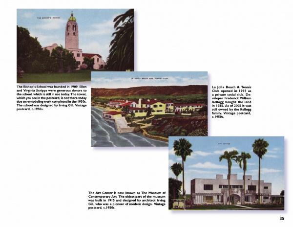 Snapshots of San Diego" by Schiffer Publishing, Ltd. features three vintage postcards of iconic California sites—a towered school, a coastal tennis club by La Jolla Cove, and a palm-lined white art center—ideal for San Diego travel fans.