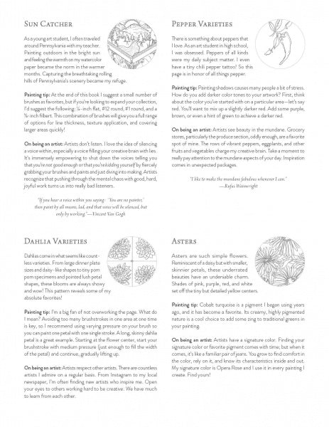 A printed page from "Kristy's Fall Cutting Garden" by Schiffer Publishing, Ltd. features four essays—Sun Catcher, Pepper Varieties, Dahlia Varieties, and Asters—with hand-drawn fall florals, personal reflections, and Kristy Rice's painting tips.