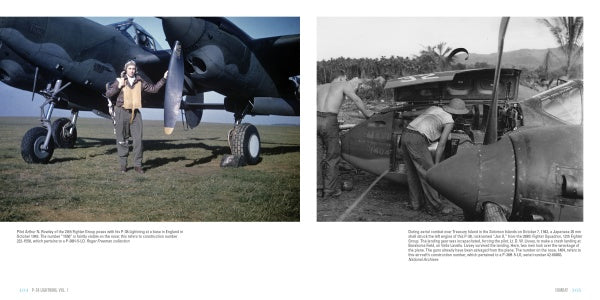 A color photo of a WWII pilot by his Lockheed P-38 Lightning and a B&W image of soldiers fixing an engine in the tropics—both featured in Schiffer Publishing, Ltd.'s P-38 Lightning Vol. 1, part of the Legends of Warfare series.