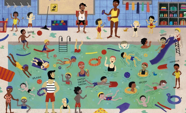 Adults and toddlers enjoy the busy indoor pool, swimming and playing with toys as others relax by the water. Lifeguard and equipment are visible. "Shhh" by Schiffer Publishing, Ltd. captures this lively poolside scene.