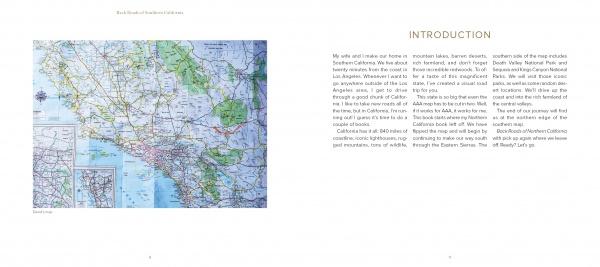 A spread from Schiffer Publishing, Ltd.’s "Back Roads of Southern California" shows a detailed Southern California map on the left page and an introduction on the right, featuring text on regional travel and photography.