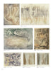 A collage of eight abstract artworks from Harry Bertoia Monoprints by Schiffer Publishing, Ltd., featuring flowing lines, ghostly shapes, and muted earth tones that evoke 20th-century sculpture through organic forms and delicate textures.