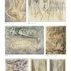 A collage of eight abstract artworks from Harry Bertoia Monoprints by Schiffer Publishing, Ltd., featuring flowing lines, ghostly shapes, and muted earth tones that evoke 20th-century sculpture through organic forms and delicate textures.