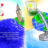 A child in a red sweater dreams of travel by a globe, toy plane, and book in the "My Father Flies" scene from Schiffer Publishing, Ltd., with landmarks, airplanes outside the window, and a poetry map adding to this bright world geography setting.