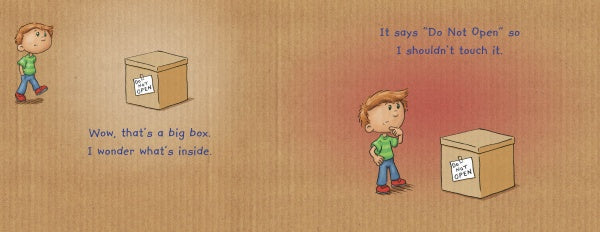 A curious boy in a green shirt and jeans gazes at a large box labeled "Do Not Open." The textured brown background evokes a picture book style. This scene is from "Do Not Open the Box" by Schiffer Publishing, Ltd.