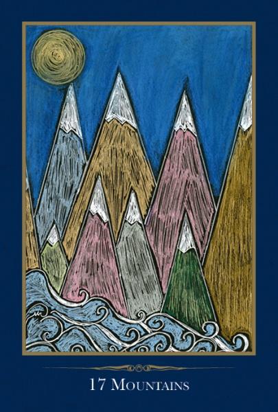 Colorful stylized mountains with white peaks rise above swirling blue waves under a golden sun in a deep blue sky. Framed in dark blue with "17 MOUNTAINS" below, inspired by The Empathic Oracle by Schiffer Publishing, Ltd.