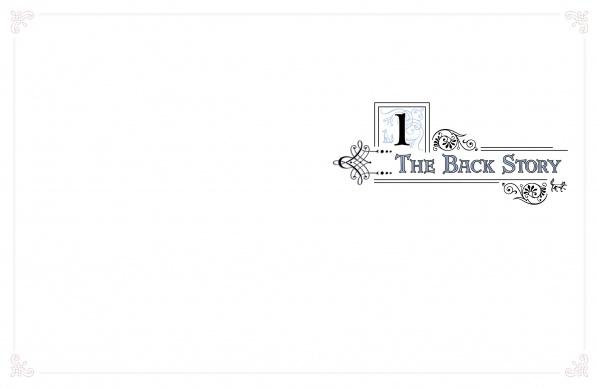 Decorative page from Storybook Style by Schiffer Publishing, Ltd., featuring ornate vintage borders, the heading "The Back Story" in stylized text, and elegant floral and swirl motifs on a mostly white background.