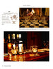 Two images from Food Presentation by Schiffer Publishing, Ltd. display expert food styling in scotch tastings: the top shows empty nosing glasses on a checkered table, while the bottom features bottles, glasses, water, and soda crackers artfully arranged.