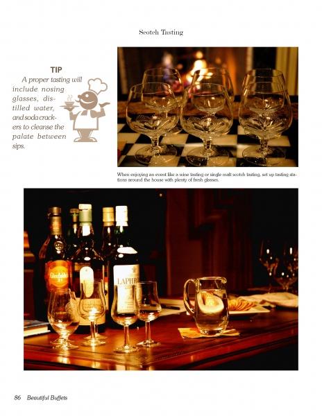 Two images from Food Presentation by Schiffer Publishing, Ltd. display expert food styling in scotch tastings: the top shows empty nosing glasses on a checkered table, while the bottom features bottles, glasses, water, and soda crackers artfully arranged.