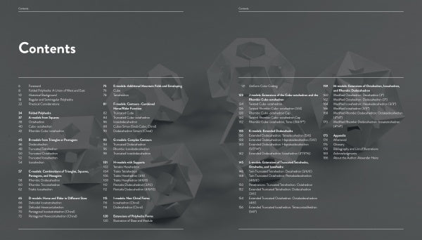 The table of contents for Folding Polyhedra by Schiffer Publishing, Ltd. features white text on a dark gray background with sections and page numbers, over faint 3D polygonal shapes. "Contents" appears in large bold letters at the top left.